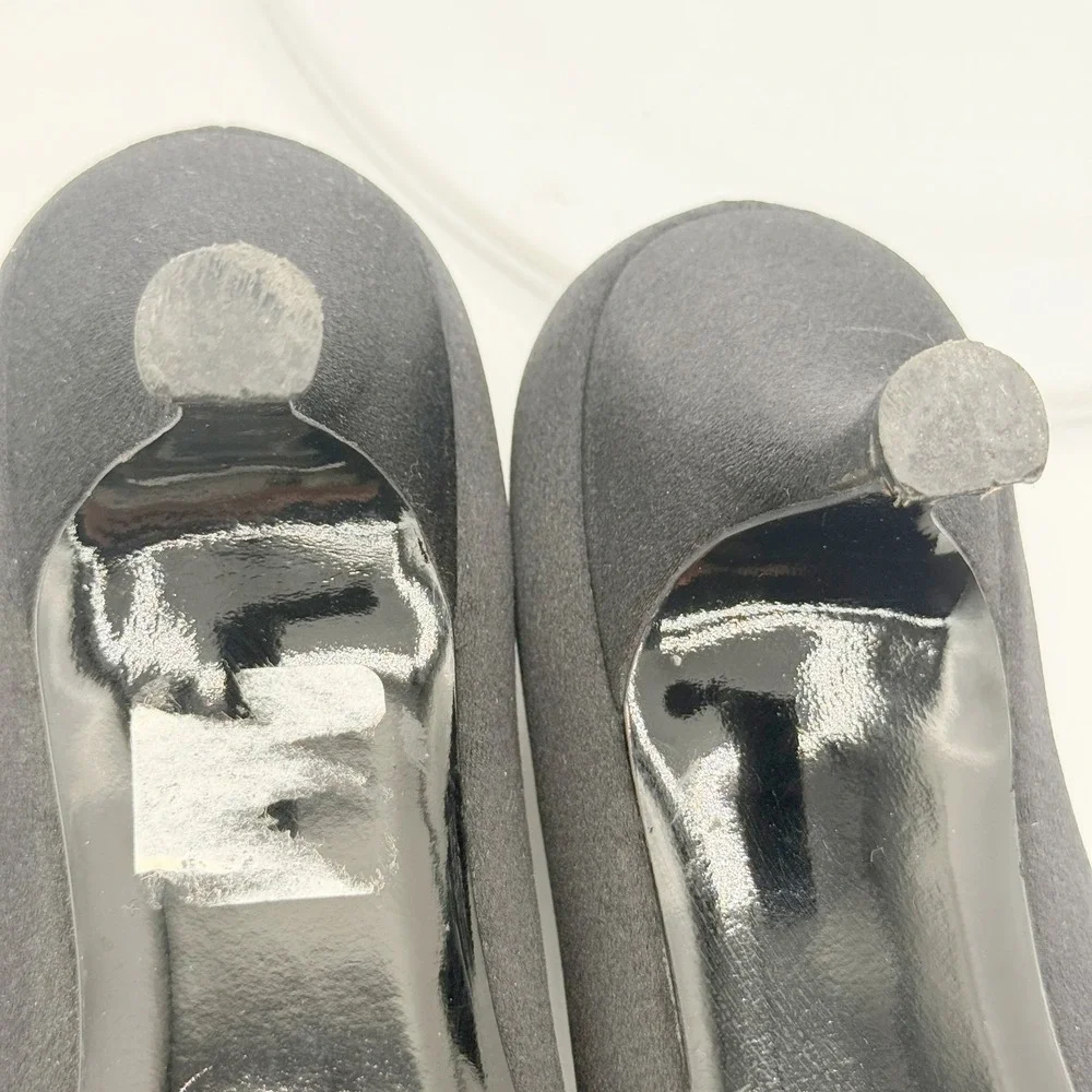 Stuart Weitzman 15026 Peep Toe‎ Pumps Size 7.5 Women Black Satin Rhinestone Bow